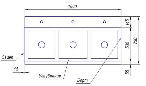ВМ3 Ванна моечная 3-секционная 1600*730*850мм гл. 300, углубление, зацеп (слева/справа)