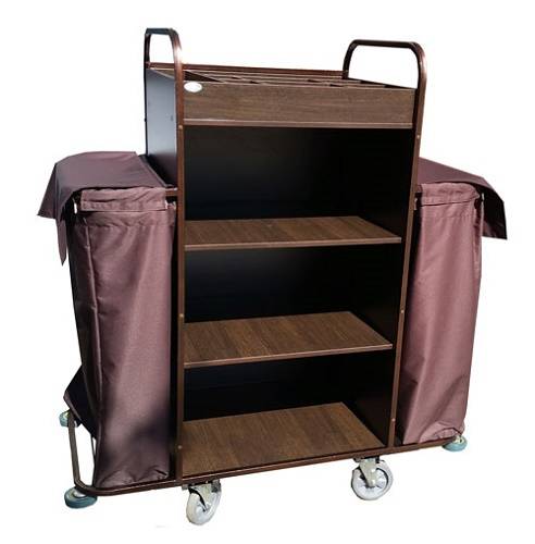 Тележка для горничных удлиненная ТГУ11.2 ОЛДАК 3стенки, 4полки МДФ, верхняя с бортом, 2 мешка по110л