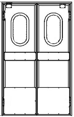 Маятниковая дверь двухстворчатая МДД(ОН)-1200.2200-40 рама в обхват, окна, отбойники пласт Маятниковая дверь двухстворчатая МДД(ОН)-1200.2200-40 рама в обхват, окна, отбойники пласт