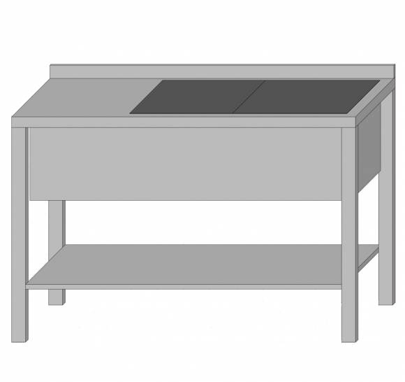 Стол производственный с полкой и двумя ваннами цельнотянутыми 1800*500*850 гл.200 мм с бортом