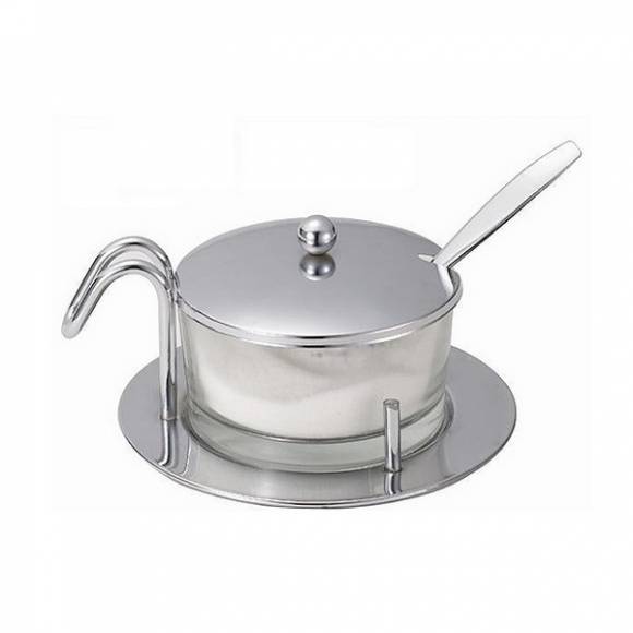 Сахарница/пармезанница 200 мл. d=90 мм. нерж+стекло с ложкой /1/12/48