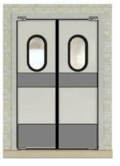 Маятниковая дверь двухстворчатая МДД(ОН)-1600.2300-40 рама в обхват, окна, отбойники